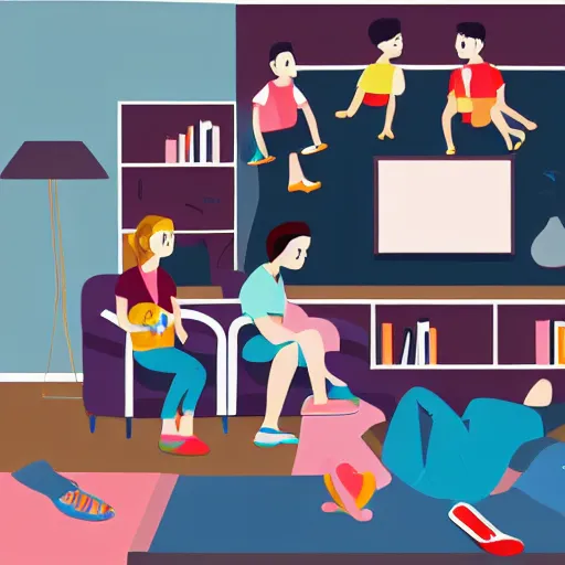 Prompt: simplified very stylistic modern vector drawings a family watching tv, flat colors, modern - art - vector, adobe illustrator