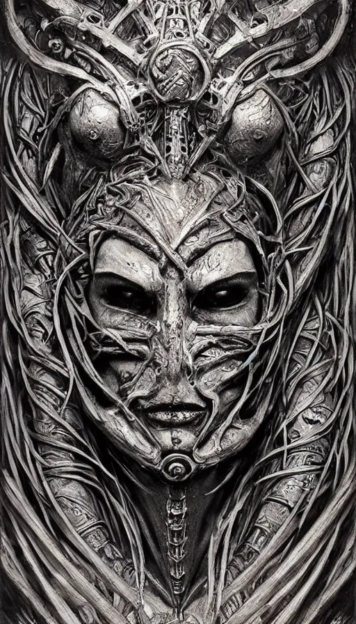 Image similar to ancient biomechanical hybrid slavic thunder god armored head fantasy beautiful human witch face mask tattoo pattern concept, glagolitic glyph, intricate artwork by, Johnatan Wayshak, Zdizslaw Beksinski, Artgerm, H.R. Giger, very coherent artwork, cinematic, hyper realism, high detail, octane render, unreal engine, 8k, High contrast, higly detailed black ink outline, crosshatch sketch gradient