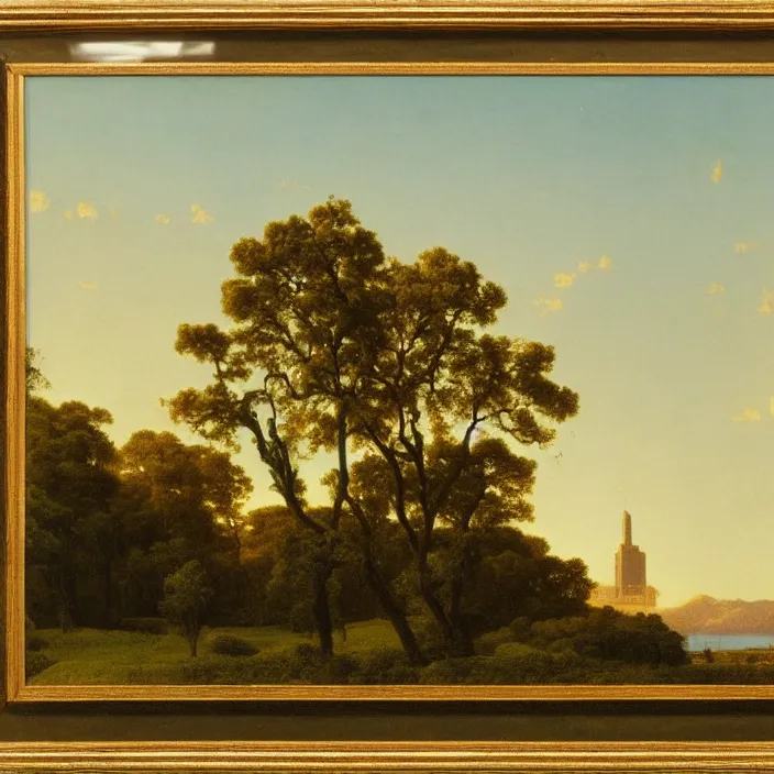 Prompt: a building in a landscape, by martin johnson heade