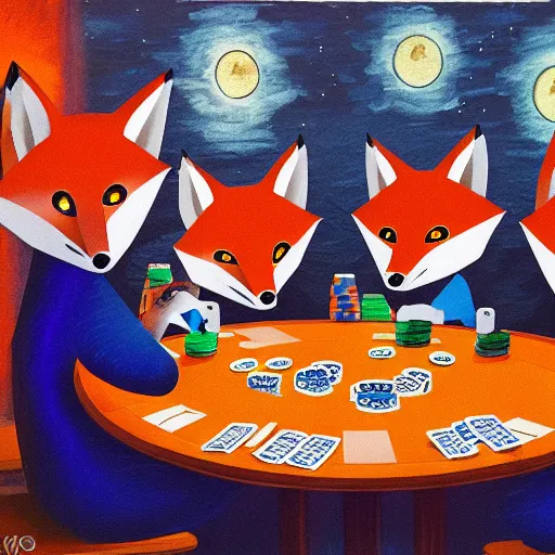 Prompt: a gang of foxes playing poker at night