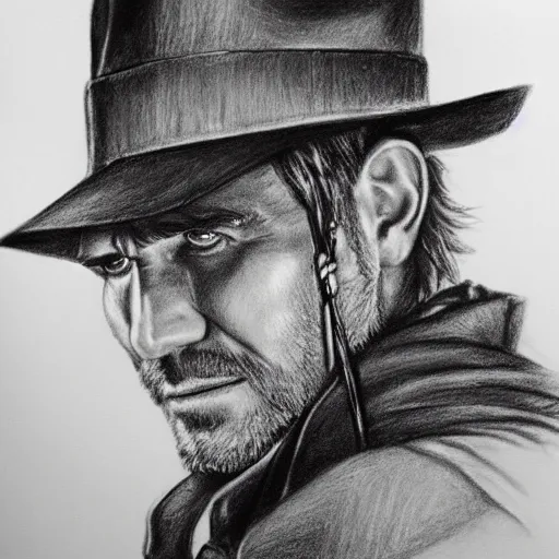 Prompt: charcoal pencil drawing of Indiana Jones