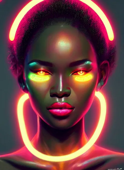 Image similar to portrait of african female humanoid, very intricate, elegant, cyber neon lights, highly detailed, digital illustration, trending in artstation, trending in pinterest, glamor pose, concept art, smooth, sharp focus, art by artgerm and greg rutkowski