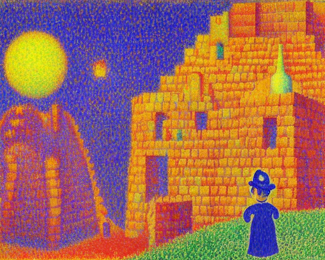 Prompt: painting of thwomp fortress ( super mario 6 4 ), highly detailed, by paul signac, by georges seurat, by albert dubois - pillet