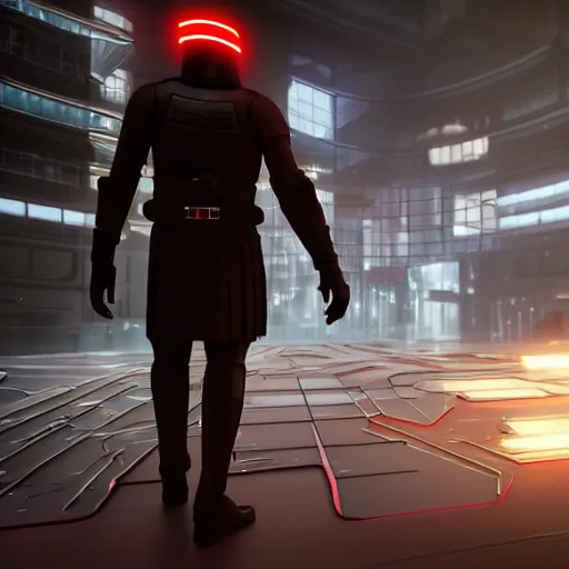 Image similar to photo of Darth Revan walking in a futuristic city in a dystopian future made of electronic components and looks like a giant pcb board. Very detailed 8k. Unreal engine 5 render with nanite, global illumination and path tracing. Cinematic post processing. Emphasize on the colors black and red.