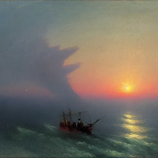 Image similar to tornado on the river, top view, sunset, by ivan aivazovsky,