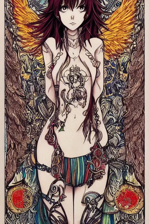 Image similar to makise kurisu, intricate, amazing line work, colorful, tarot cards, the devil tarot card