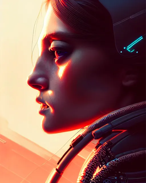 Image similar to cyberpunk synth, hyper - realistic portrait of a female hunter, dynamic wavy hair, intricately detailed background, detailed designs, digital painting, 4 k, by ilya kuvshinov, by greg rutkowski, atmospheric lighting