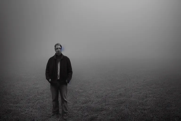 Prompt: a cinematic headshot portrait of an emotional middle aged male stood in a fog filled field, a cars headlights shines in the distance, perfectly lit face, ultra realistic, depth, beautiful lighting