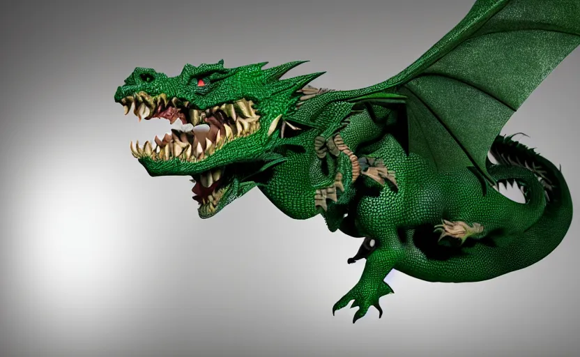 Prompt: green dragon, smiling, studio shot, volumetric lighting