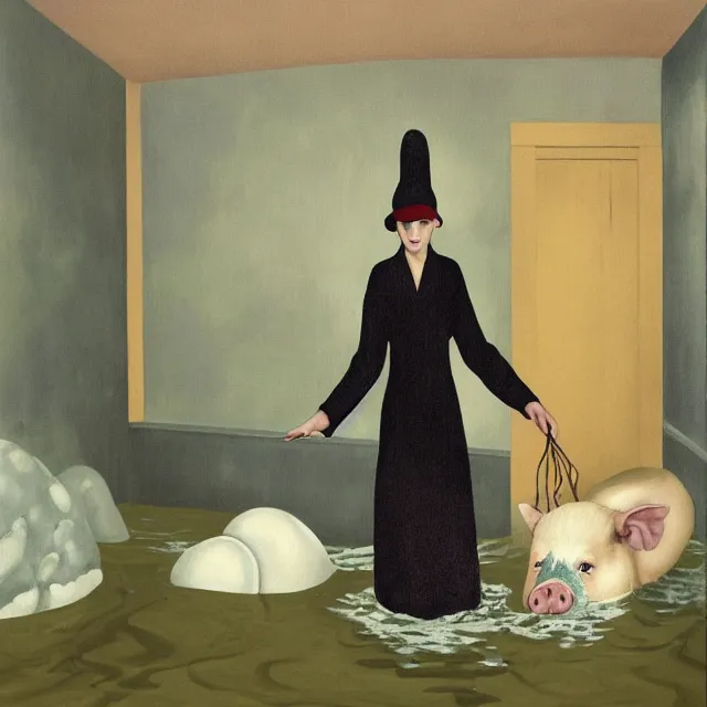 Image similar to tall female emo artist holding a pig in her flooded apartment, mushrooms, octopus, water gushing from ceiling, painting of flood waters inside an artist's apartment, a river flooding indoors, pomegranates, pigs, ikebana, zen, river, rapids, waterfall, black swans, canoe, berries, acrylic on canvas, surrealist, by magritte and monet