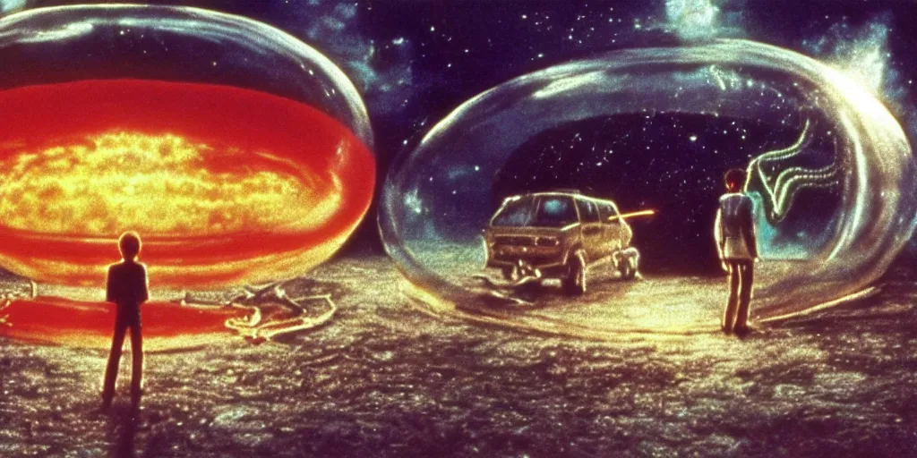 Prompt: hyperrealist studio ghibli dull colors pov shot from close encounters of the third kind 1 9 7 7 of a warped scientist rocketing through a snake bubble.