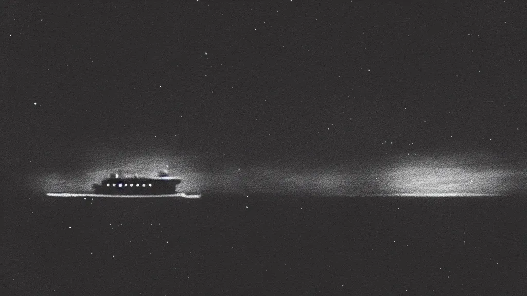 Image similar to drone photography, haunted VHS glitch polaroid of a distant celestial ferry sailing through deep blackness. black bay, stars strange perspective, depths, Ethereal lighting. Nighttime setting with the moon reflecting off the water