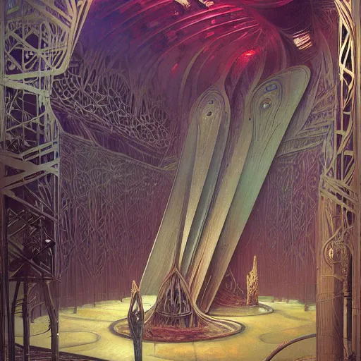 Prompt: inside epic futuristic structure by raymond swanland, alphonse mucha and zdzisław beksinski, highly detailed