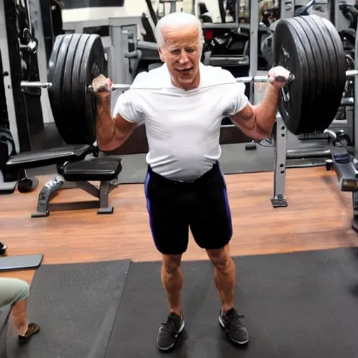 Image similar to joe biden being a bodybuilder doing weights, in the gym