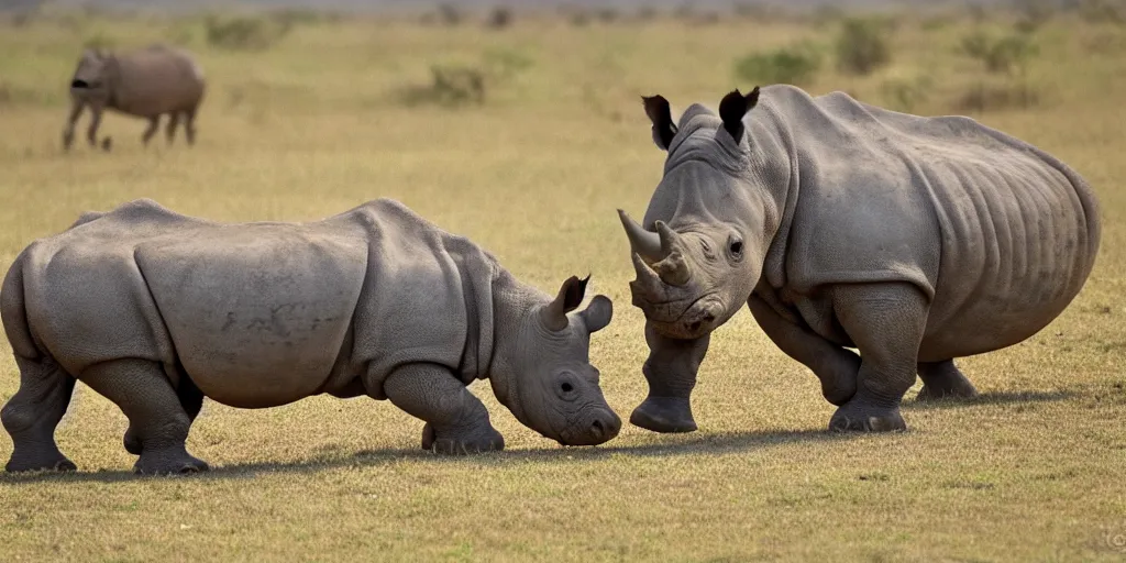 Prompt: a rhino standing opposed to a hippo, a standoff in the African savanna