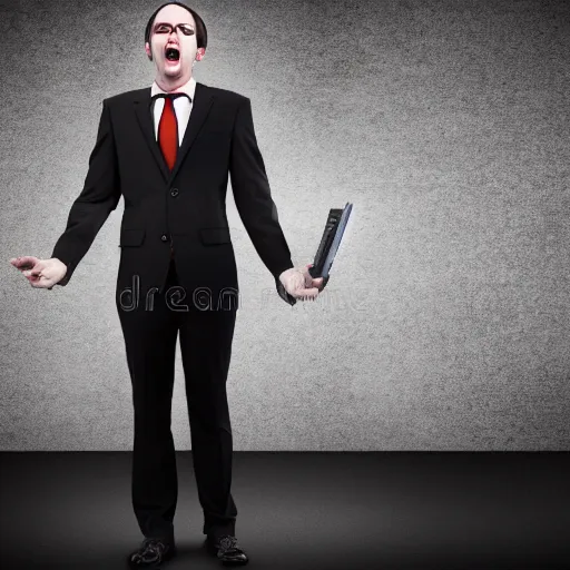 Prompt: man in a office suit screaming bazinga!, realistic, hdr, clear image, stock photo, dynamic lighting,