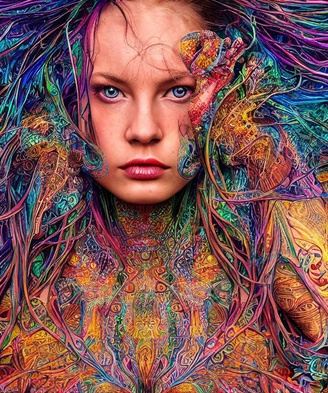 Image similar to A epic photo art of beautiful woman by Michael Sydney Moore, Alex Grey, hyper detailed, 50mm, award winning photography