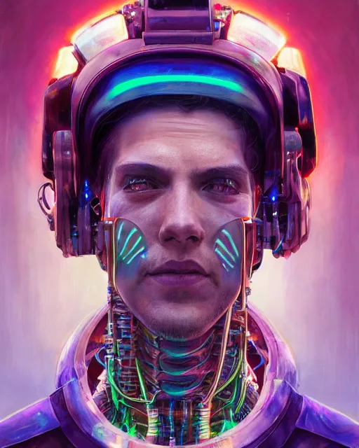 Image similar to a futuristic male hippie wearing tie - dye and cybernetic - implants | cyberpunk art | highly detailed | very intricate | symmetrical | cinematic lighting | award - winning | closeup portrait | painted by donato giancola and mandy jurgens and rossdraws and rhads | featured on artstation