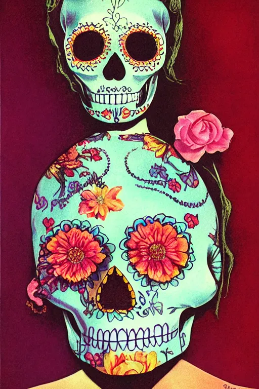 Image similar to illustration of a sugar skull day of the dead girl, art by maxfield parrish