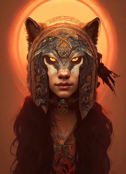 Image similar to portrait of shaman beautiful girl, intrigante, wolf mask, headshot, highly detailed, digital painting, artstation, concept art, sharp focus, cinematic lighting, illustration, art by artgerm and greg rutkowski, alphonse mucha, cgsociety