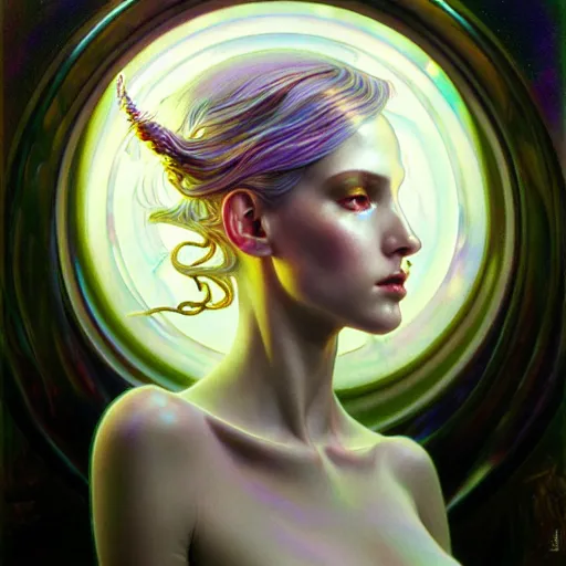 Image similar to psychedelic organic cyborg, white holographic plastic, dramatic lighting, fantasy, intricate, elegant, highly detailed, lifelike, photorealistic, digital painting, artstation, illustration, smooth, sharp focus, art by john collier and albert aublet and krenz cushart and artem demura and alphonse mucha