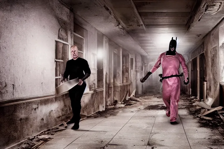 Image similar to batman wearing pink apron wielding an axe, chasing through old brown decrepit hallway, creepy smile, atmospheric eerie lighting, dim lighting, bodycam footage, photograph