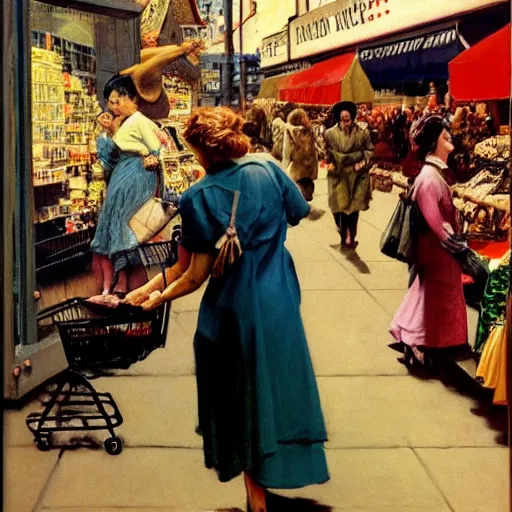 Image similar to action scene of women shopping, oil painting by frank frazetta and norman rockwell, cinematic, hyperreal, intense, highly textured, wide angle, insanely detailed, god rays, 3 5 mm, shallow depth of field