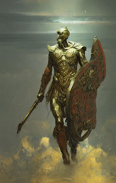 Image similar to zeus god, wearing thunder armor, greek ornamented armor, beksinski, ruan jia, weta workshop concept art