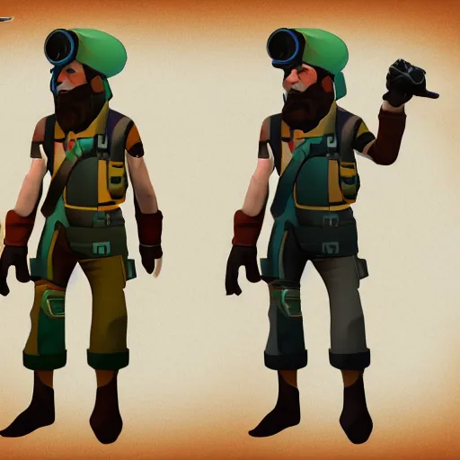 Prompt: character design of a stylized explorer and cartographer in the TF2 style