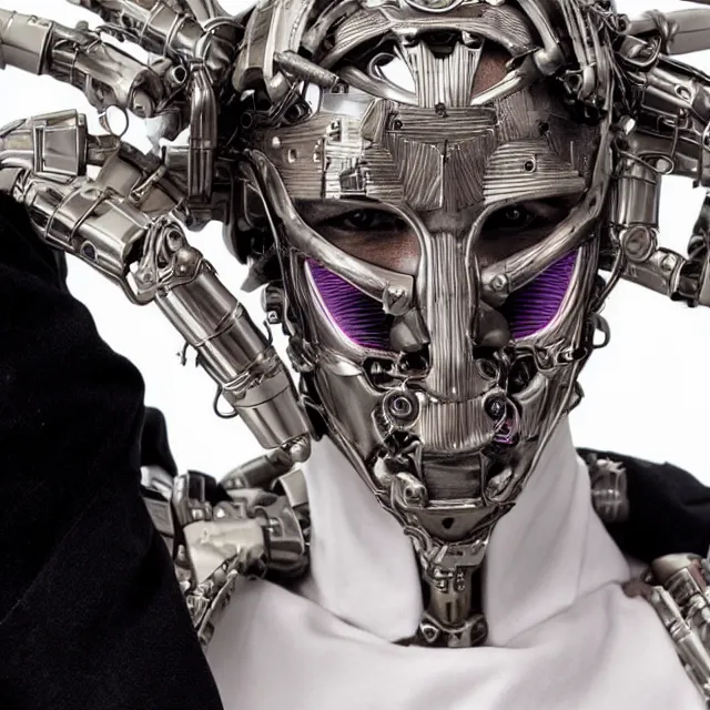 Prompt: a beautiful cyborg made of christian ceremonial maske