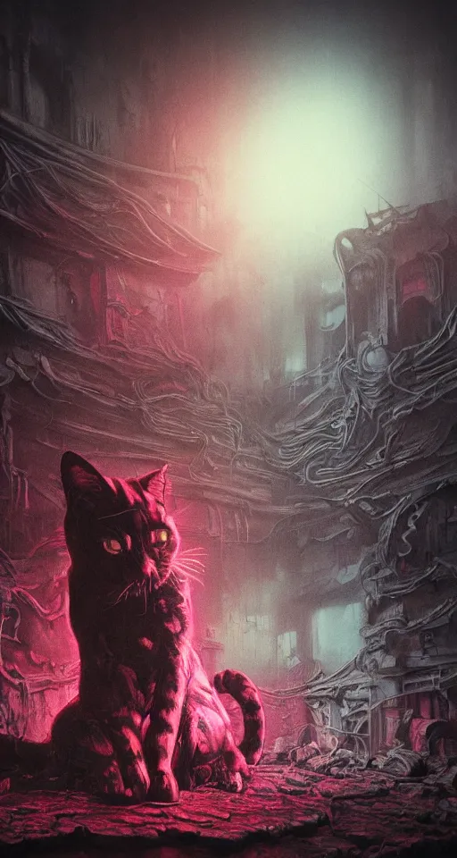 Prompt: a detailed matte painting of a neon cat under a black light with red led eyes, covered with organic flesh, meat, creepy, nightmare, dream-like heavy atmosphere, surreal abandoned buildings, baroque painting, beautiful detailed intricate insanely detailed octane render trending on Artstation, 8K artistic photography, photorealistic, chiaroscuro, cinematic volumetric light, Raphael, Caravaggio, Beksinski ,the cat is in a intricately detailed neo neon cyberpunk Japanese city, the angel of death with a halo, colorful background not limited to children, by Ismail Inceoglu , concept art, featured on cgsociety