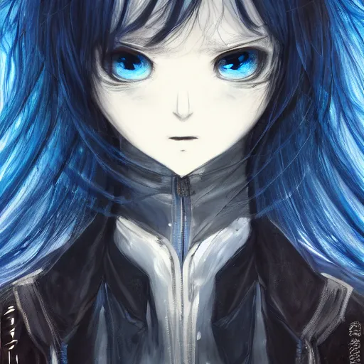 Image similar to full face shot of rimuru tempest, sky blue straight hair, long bangs, closed eyes, wearing a fancy black jacket, high collar, ultra detailed, brush strokes, digital painting, cinematic, wlop artstation, closeup, pixiv, eerie, scary, overpowering, evil, yoshitaka amano, junji ito,