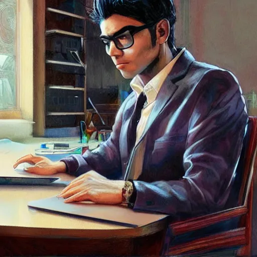 Image similar to a beautiful artwork of a young male scientist with black hair sitting at a desk with a laptop by Jerome Opeña, featured on artstation