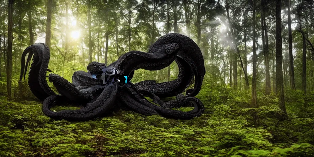 Prompt: a highly detailed giant black octopus god in the middle of a forest, beautiful ambient light, sun rays hitting the slightly transparent creature, 8k photography