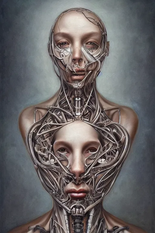 Image similar to beautiful portrait of biomechanical being by marco mazzoni, vanessa beecrof, remnev andrey, detailed, realistic skin color