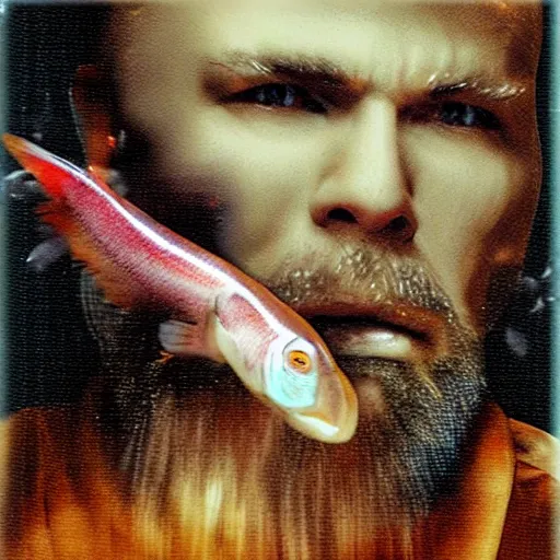 Image similar to bearded and bald man armed with a fish in matrix universe