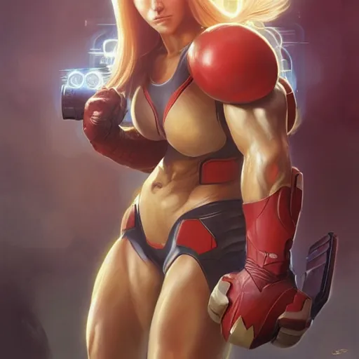 Image similar to samus aran showing her big muscular biceps, highly detailed, digital painting, artstation, concept art, matte, sharp focus, illustration, art by artgerm and greg rutkowski and alphonse mucha