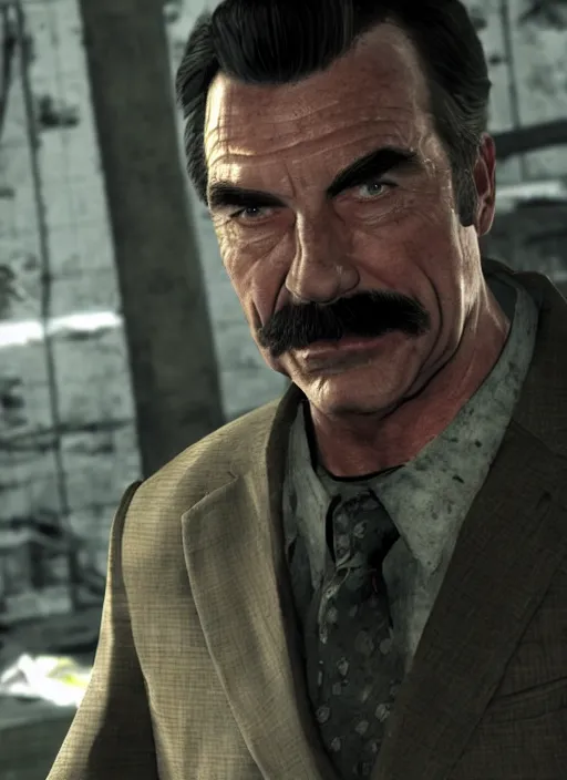 Prompt: film still of tom selleck as max payne in max payne 3, gameplay, 8 k, hd