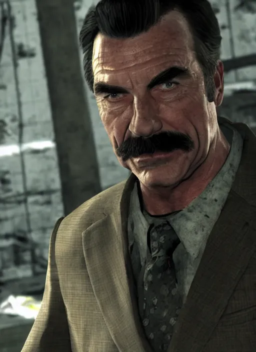 Image similar to film still of tom selleck as max payne in max payne 3, gameplay, 8 k, hd