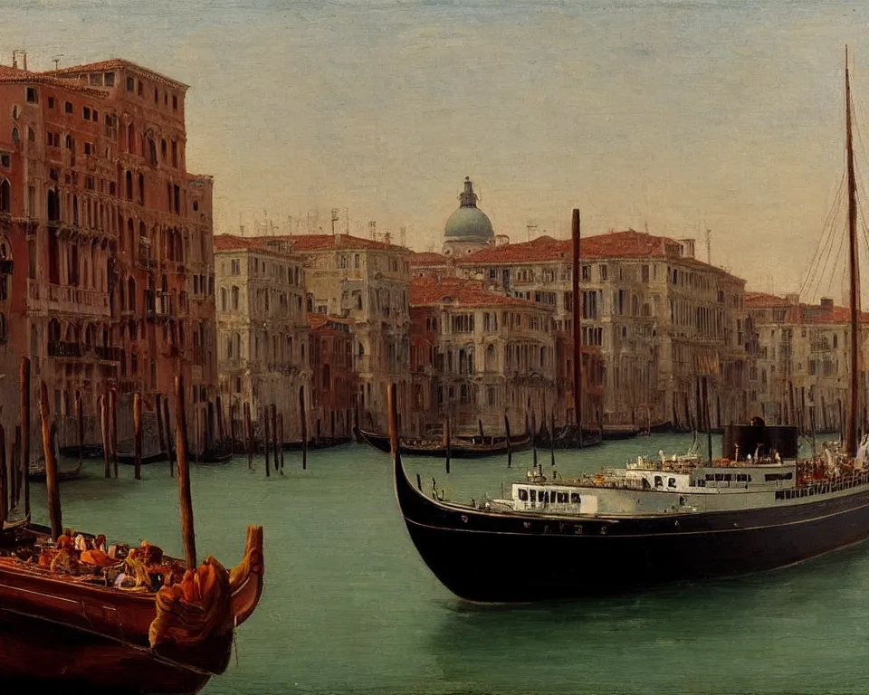 Prompt: an achingly beautiful oil painting of the Titanic docked in Venice by Raphael and Hopper.