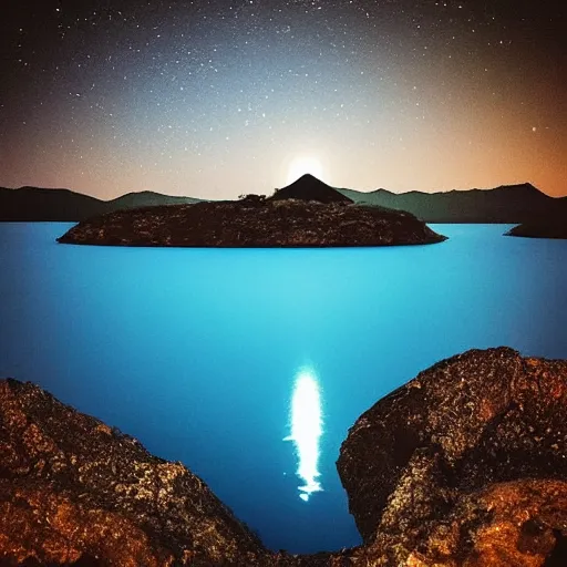 Image similar to “dark blue lake at night with tiny island being illuminated by moonlight, stars in sky”