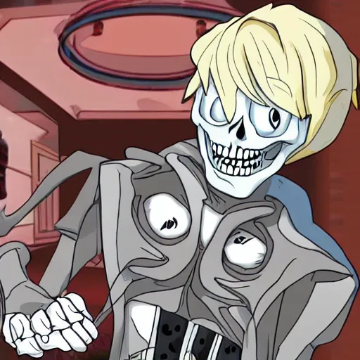 Image similar to skeleton making a pogchamp face, anime