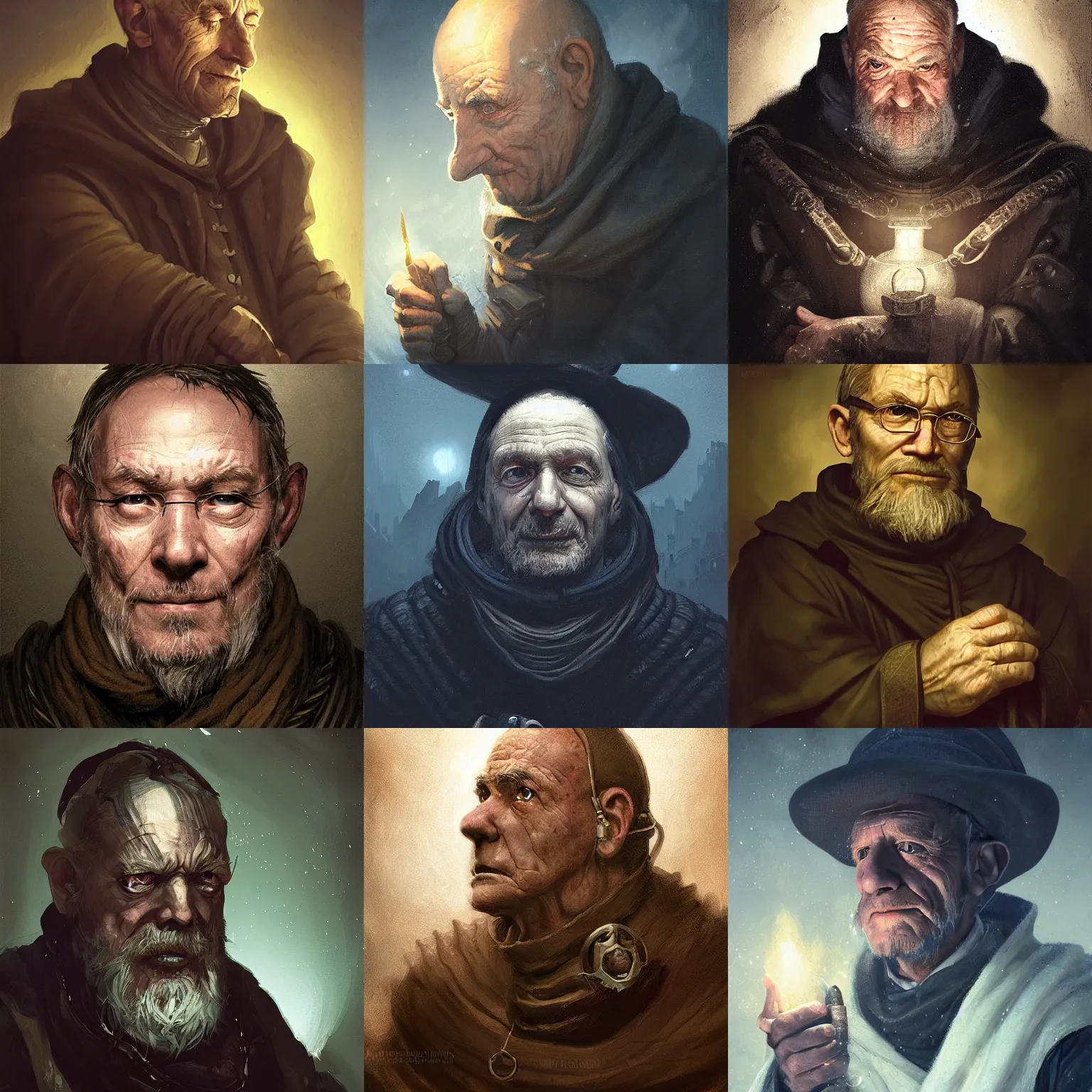 Prompt: portrait of an old, medieval alchemist in the dark, he is looking into the distance thoughtfully!!. close up, 4 5 - degree, studio lighting bright ambient lighting key light, fantasy, detailed, photorealistic portrait by michael komarck, greg rutkowski, victo ngai, artgerm and j. dickenson