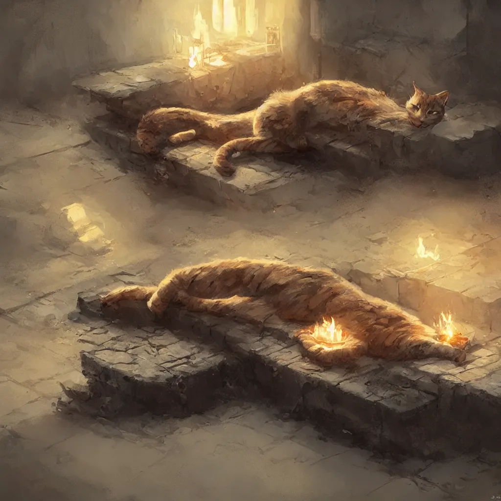 Image similar to cat laying on bed in under ground base, concept art, by greg rutkowski, fire, ice