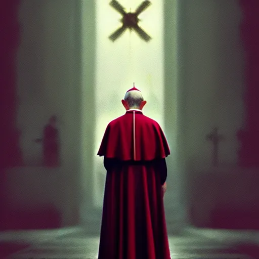 Image similar to pope john paul ii standing ina curch, digital painting, greg rutkowski, artstation, cinematic, matte painting