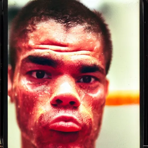 Image similar to close up portrait of boxer after boxing with brews blood sweating, photography photojournalism, very grainy image, 80mm lens, polaroid, very sharp