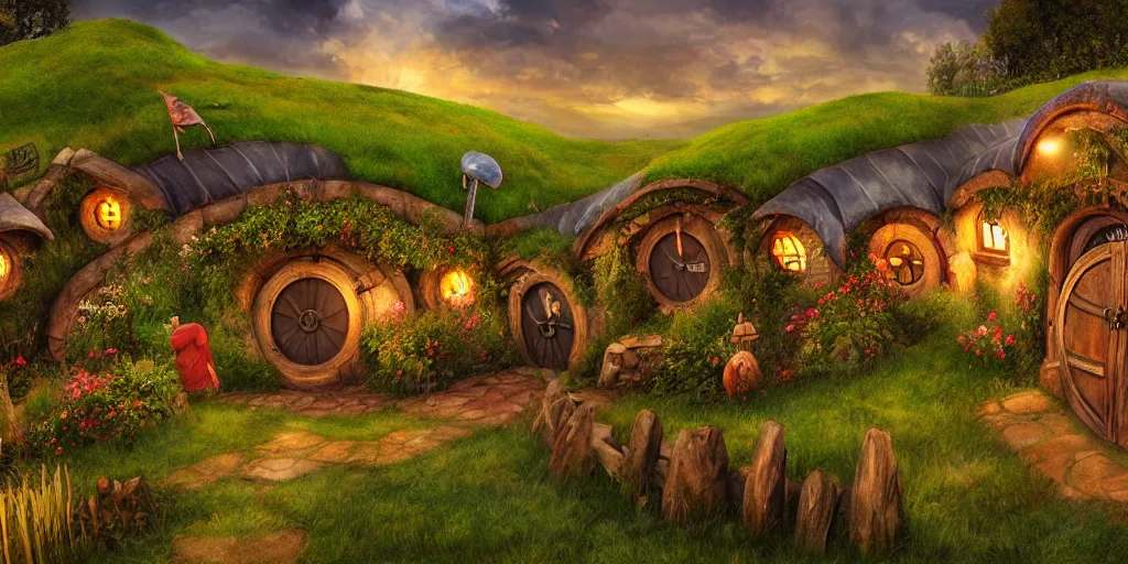 Image similar to Hobbiton but the houses are made from shipping containers, realistic, highly detailed, digital painting, smooth, sharp focus, cinematic lighting, Peter Jackson