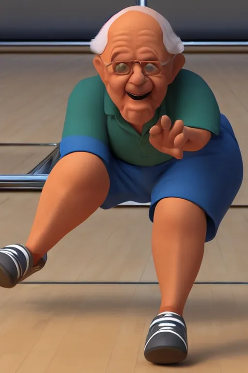 Prompt: a stylized 3 d old man character bowling, wearing short shorts, long socks and a bowlers shirt