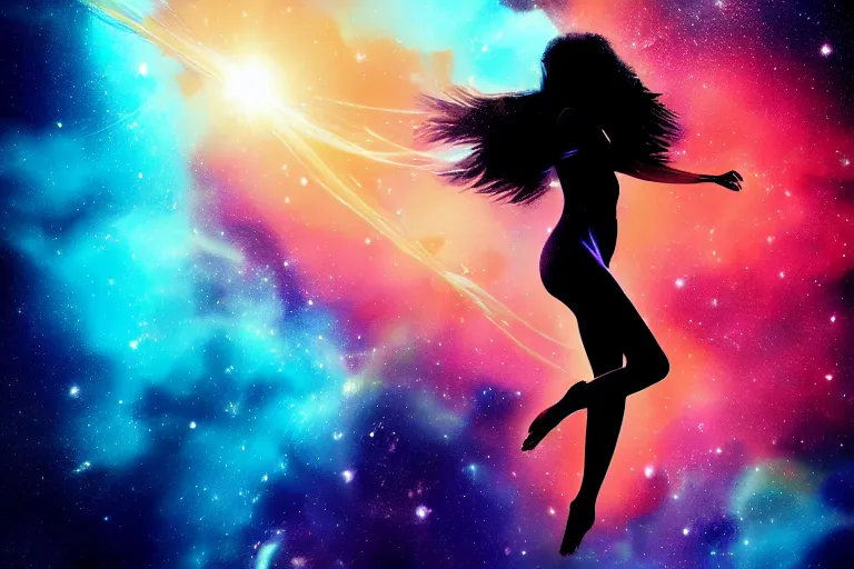 Image similar to silhouette of a girl suspended underwater with long hair, she's exploding into incredible stars and nebula, lens glare, dramatic abstract digital painting, dramatic composition, matte colors, trending on artstation