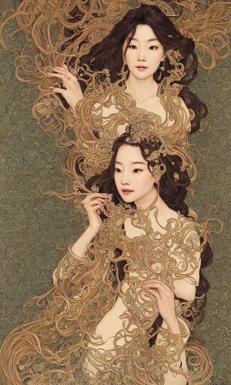 Image similar to a beautiful portrait of an ancient chinese princess, flowing hair, fantasy, regal, intricate, art nouveau, swirly intricate linework background by stanley artgerm lau, greg rutkowski, victo ngai, alphonse mucha, loish, norman rockwell